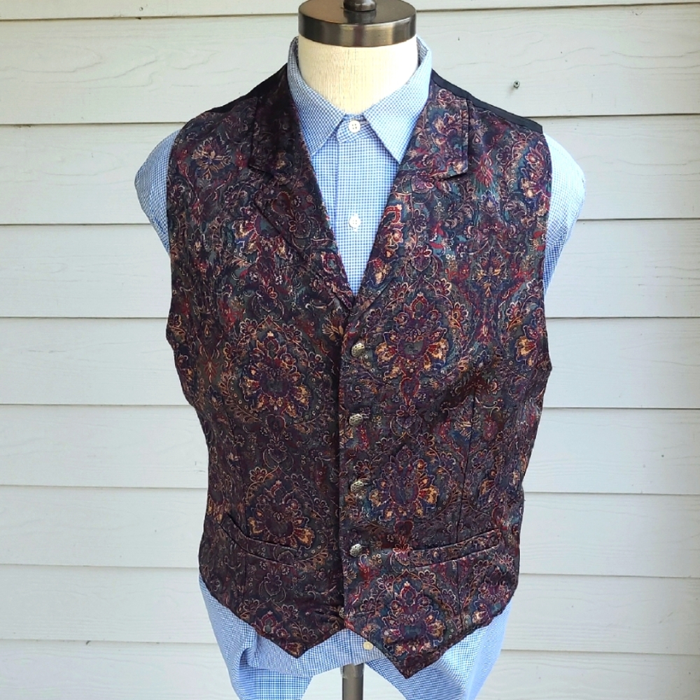 WAH MAKER Green‎ Purple Red Floral Rayon Blend Western USA Sz L Full Button Vest